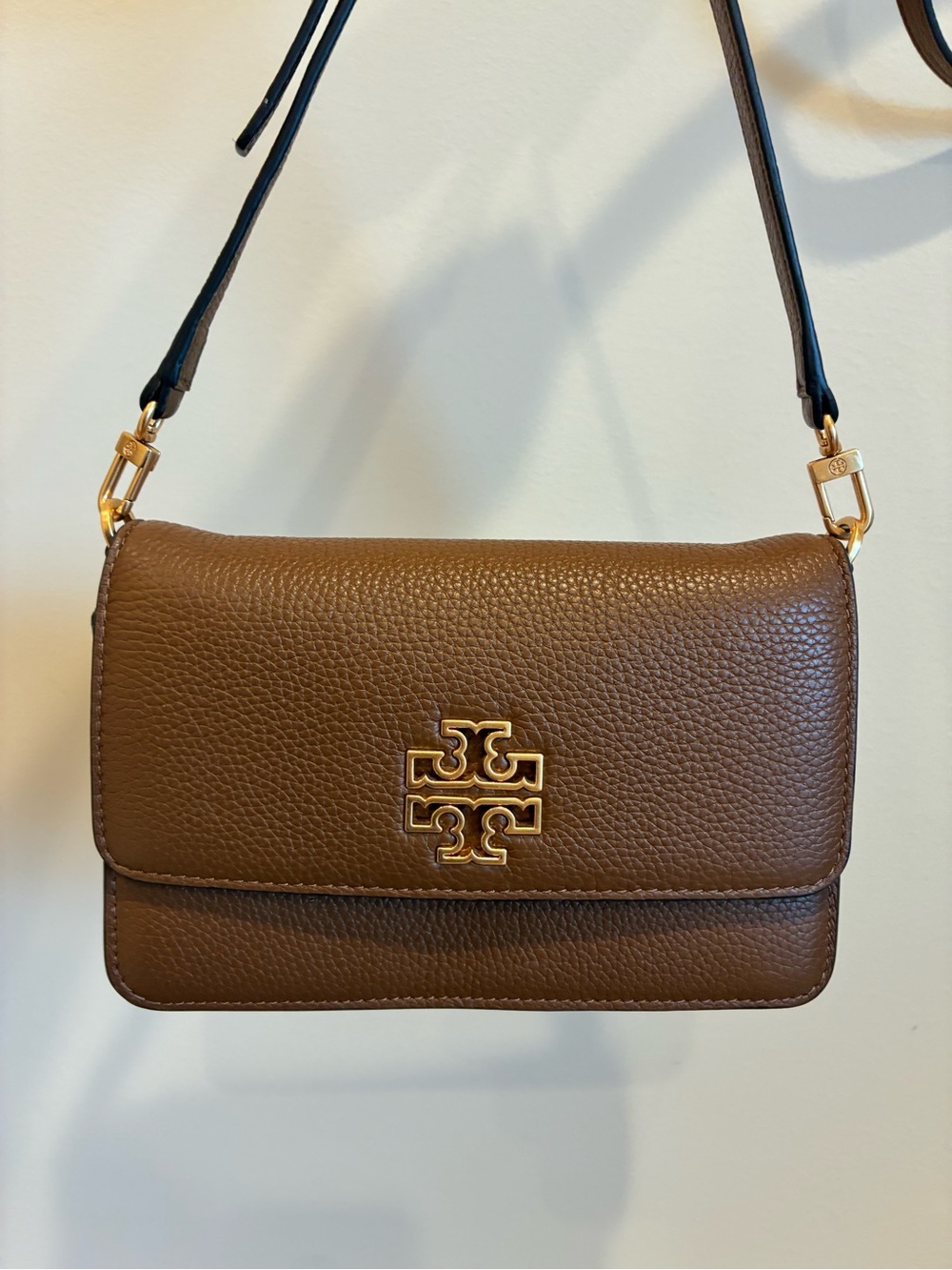 Tory Burch Britten Brown Pebbled Leather Logo Crossbody